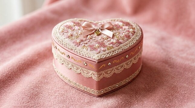 Elegant Pink Heart Shaped Jewelry Box with Lace and Floral Embellishments on Soft Fabric Background