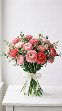 Elegant Pink Ranunculus Bouquet with Greenery and White Ribbon