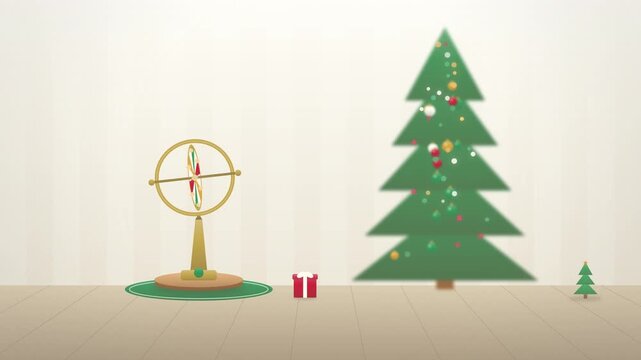 Red and green spinning toy gyroscope under Christmas tree building up