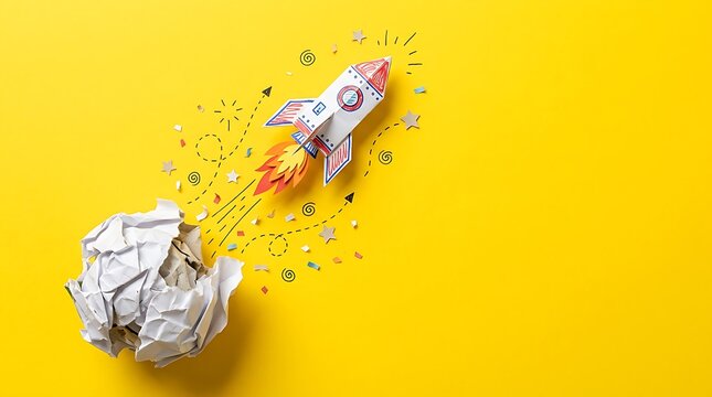 Paper rocket blasting out of crumpled paper ball with confetti on yellow background for concept of ideas and success.