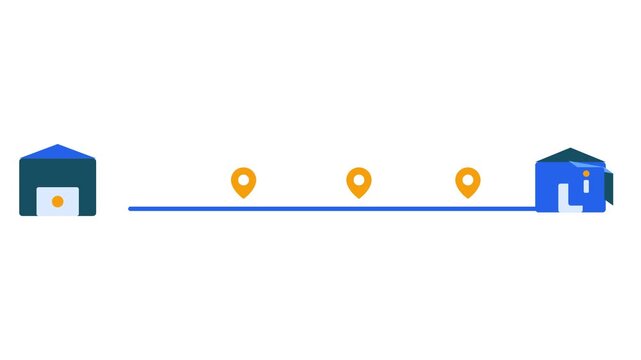2D flat vector animation showing real-time logistics tracking with a package moving from a warehouse through multiple location checkpoints toward a destination. Each checkpoint activates as the shipme