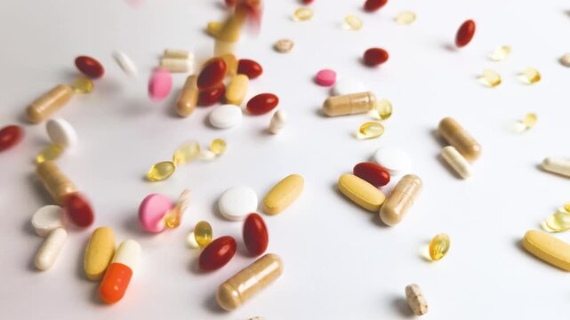 Multicolored capsule for various ailments drop and bouncing Light background Healthy lifestyle, taking vitamins Medicine and medication concept Self care Healthcare treatment pharmacy modern medicine