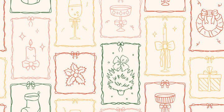 New Year background with hand drawn coquette elements in frames. Seamless Christmas pattern with linear Xmas objects with tied bows. Doodle vector illustration. Holiday aesthetic. Vintage art.