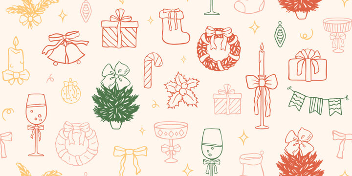 Christmas background with hand drawn elements in line art style. Xmas coquette seamless pattern. Holiday vector illustration. Traditional objects with tied bows. Whimsical backdrop.