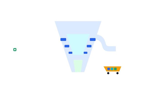 4K 2D flat vector animation showing a smart digital conversion funnel. Abstract customer leads enter the wide top intake, pass through three mechanical filtering gates with drop-offs diverted to a sid