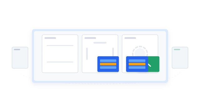 4K flat vector motion graphics illustrating automated productivity workflow, task management and project processing as task cards move through structured stages and transform into completed check icon
