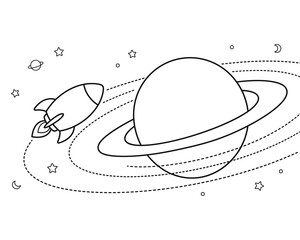 Saturn planet and flying rocket line art space coloring sheet © Anwara