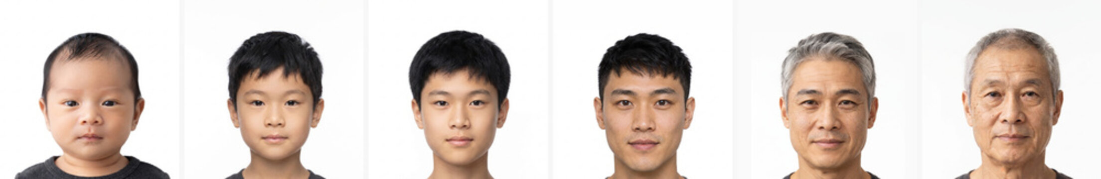 Aging process of an Asian male shown in six studio portraits from infant, child, teenager, and adult to elderly senior on a white background for genetics, health, and biology concepts