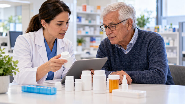 Female Pharmacist Explaining Prescription Medications to Senior Man During Medication Review at Pharmacy