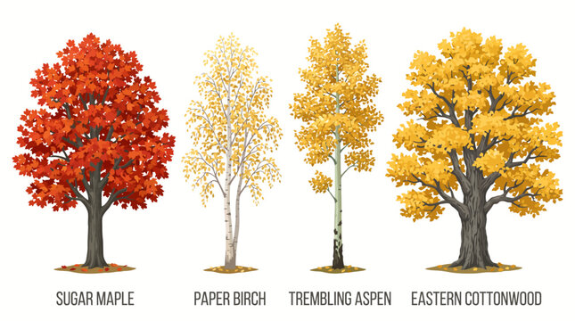 Very beautiful realistic vector set of four iconic Canadian trees, Labels beneath each tree: "SUGAR MAPLE", "PAPER BIRCH", "TREMBLING ASPEN", "EASTERN COTTONWOOD", fiery red maple leaves, golden aspen