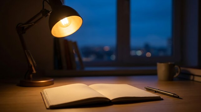 Cozy evening reading with desk lamp and notebook by window