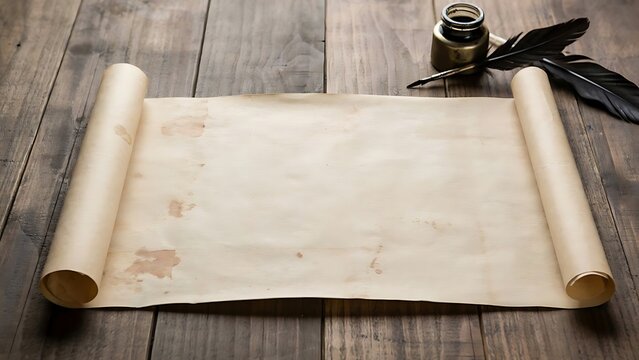 Vintage parchment paper scroll with antique quill pen and inkwell on rustic dark wooden table background, for historical document, or creative writing