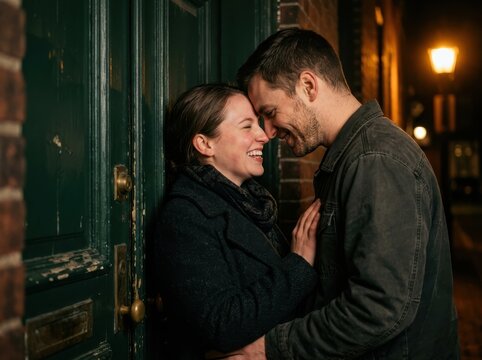 Romantic Couple by a Doorway on a Warm Night