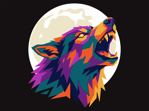 WPAP werewolf head howling at a full moon, flat vector illustration with faceted angular color blocks in purple, teal and orange on a dark navy background