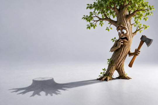 An anxious cartoon tree holds an axe beside a stump shadow. Space for text.