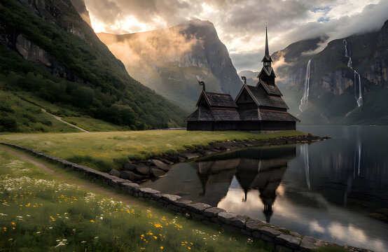  Traditional wooden stave church by fjord with calm water reflection and mountains

