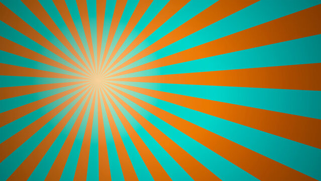 Retro sunburst ray background with radial orange and turquoise stripe pattern for poster banner comic design