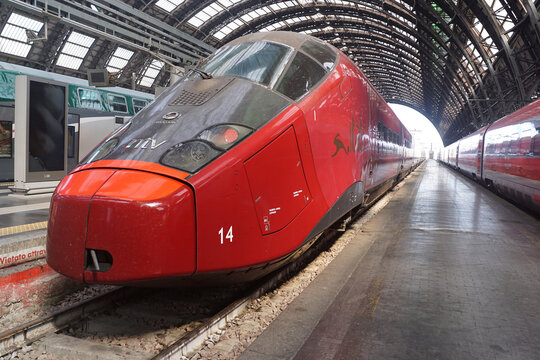 Milan, Italy - September 22, 2026: Frecciarossa, a high-speed Italian train, poised at the Milan Central Station, a major railway hub in Northern Italy.
