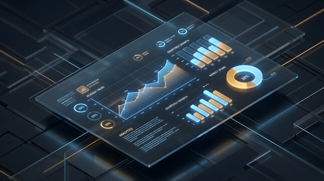 Modern B2B Financial Tech Background with Glowing Data Analytics Dashboard and Isometric Charts on Glass Grid