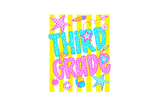 Third Grade School with Colorful Lettering and Educational Icons Sublimation Design