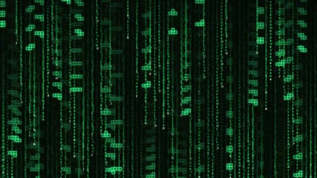 Matrix style digital code rain green binary data stream motion background.
