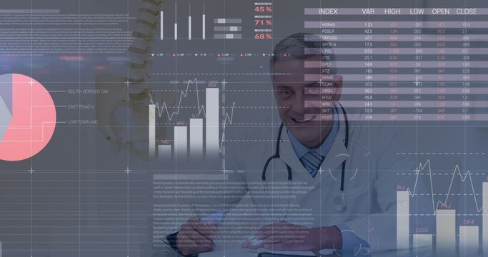 Showing male physician wearing white lab coat and tie reviewing charts at clinic, with stethoscope