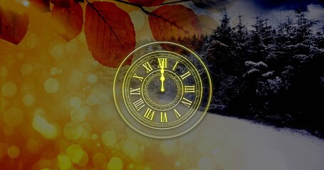 Naklejka premium Glowing analog clock hovering over blended autumn and winter scene, with leaves and snowy pines
