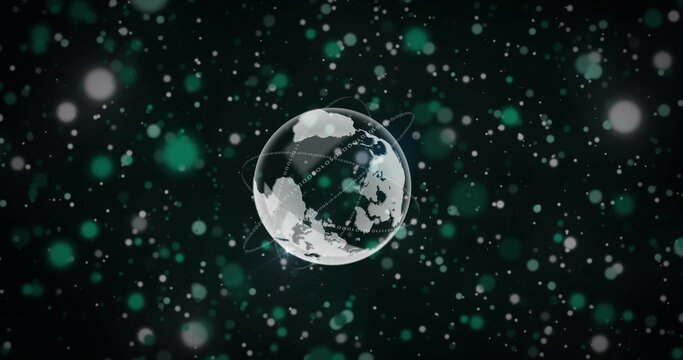 Floating translucent Earth globe rotating in digital space, showing orbit rings, binary, bokeh
