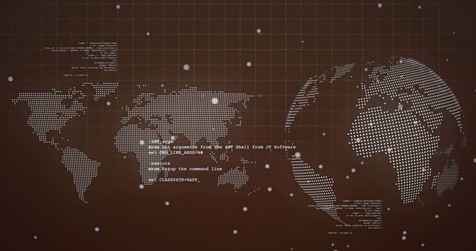 Showing dotted world map and 3D globe on brown-grid with code, nodes, faint-links, glow