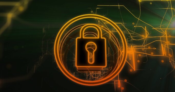 Glowing neon orange padlock pulsing in concentric rings on gradient network, with yellow circuits