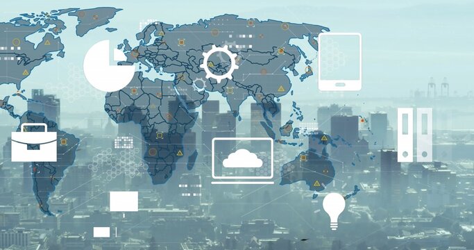 Displaying semiopaque world map overlay over cityscape, laptop cloud smartphone icons, port cranes