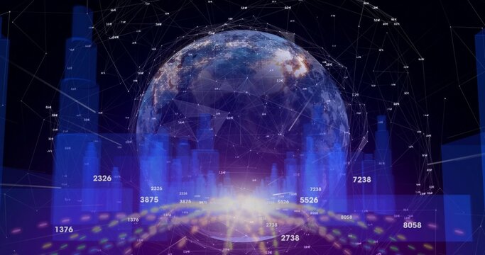 Rotating translucent 3D globe showing network lines with numeric labels and tall bars in dashboard