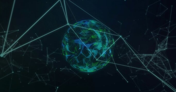 Rotating central polygonal sphere emitting luminous facets in virtual space, with glowing nodes