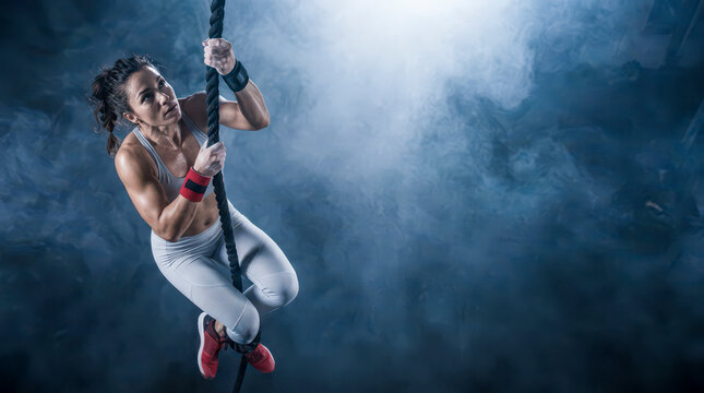 Determined woman climbing rope during intense gym workout