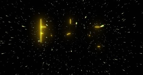 Naklejka premium Streaking golden light bars and glowing orbs forming center cluster in space void with green lines