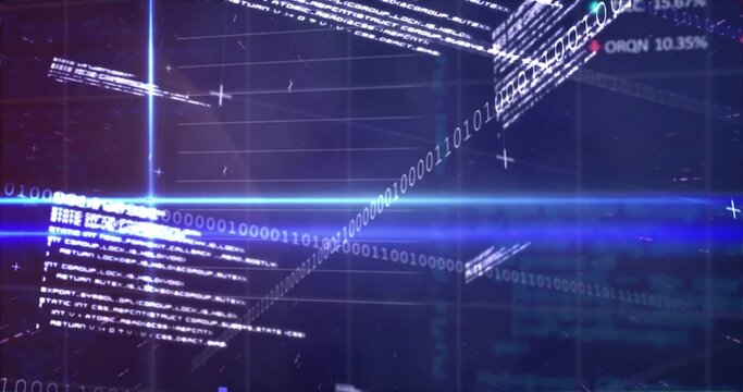 Projecting central blue band with curved binary stream in virtual HUD, showing code, grids, markers