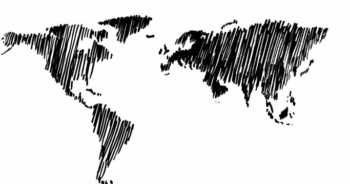 Displaying stylized world map filling plain white canvas, showing dense diagonal hatch strokes