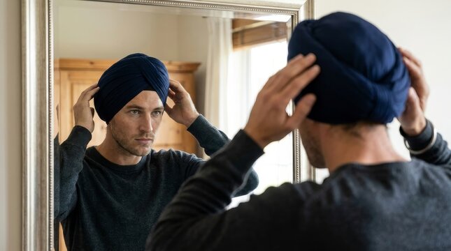 Young Sikh man tying blue turban in front of mirror reflection