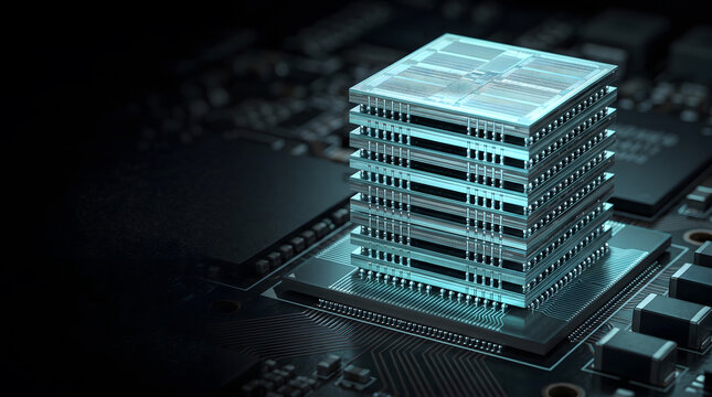 3D Render of Stacked High Bandwidth Memory Chip on Glowing Circuit Board