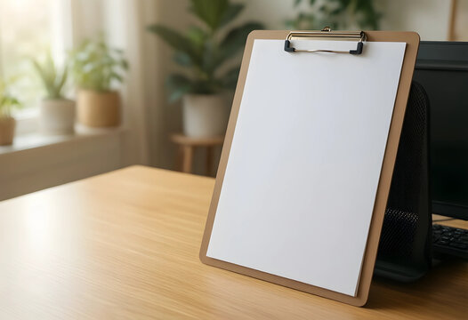 Business planning and productivity, blank clipboard on office desk with computer for project management and corporate communication strategy mockup