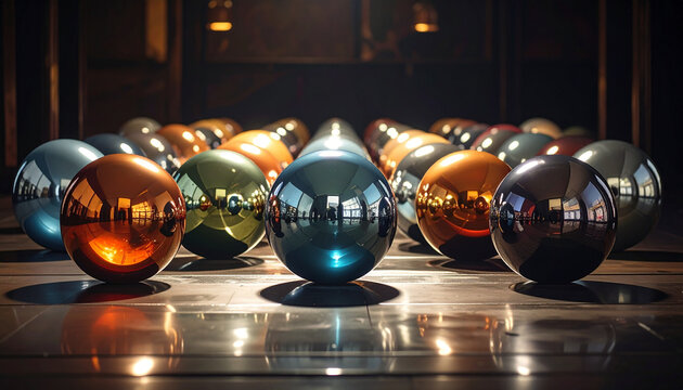 Row of polished metallic spheres in striking colors