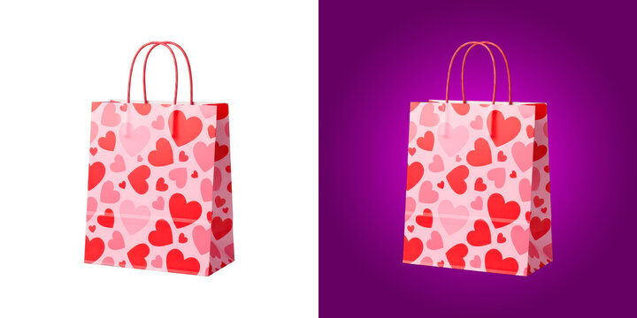 Shopping paper bag with red and pink heart pattern for gift and holiday sale