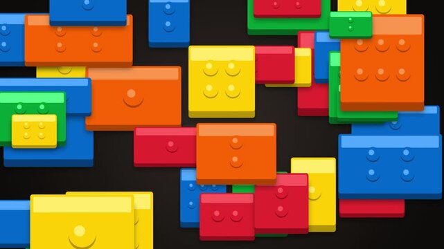 Colorful 3D blocks falling and scattering on dark surface loop