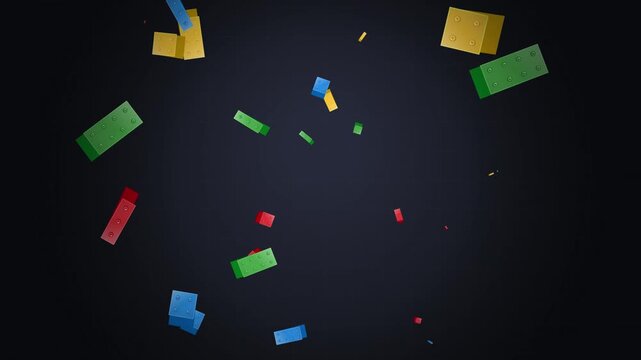 Colorful 3D blocks falling and scattering on dark surface loop