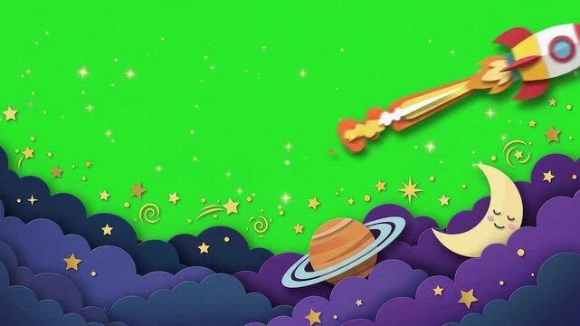 greenscreen paper cut border 3Danimation lower third template with rocket flying through space clouds and moon