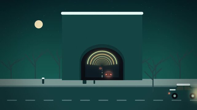 Teal road tunnel underpass on snowy city street at night endless loop