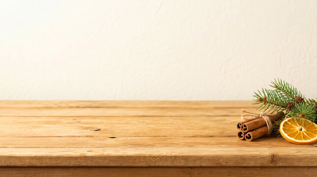 Wooden table with cinnamon sticks and orange slice on white wall. Festive background for product placement.