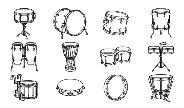 Black and White Percussion Drum Instrument Icon Collection with Conga Djembe Bongo and Snare