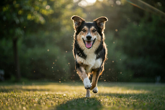 Chien heureux et joyeux courant dans un parc ensoleill&eacute; en plein air