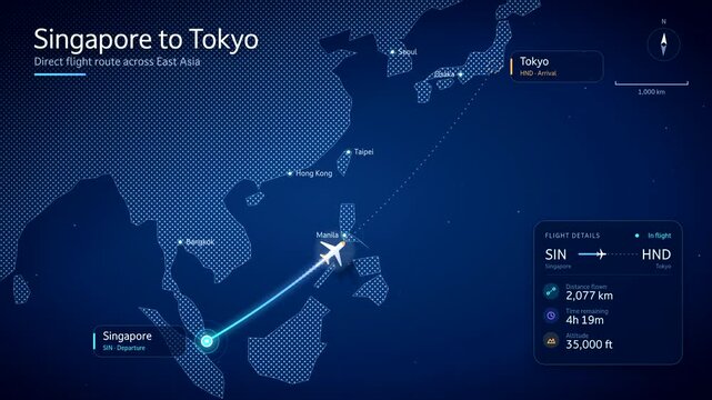 Animated flight route map from Singapore to Tokyo across East Asia, airplane flying along glowing arc path with flight details panel
